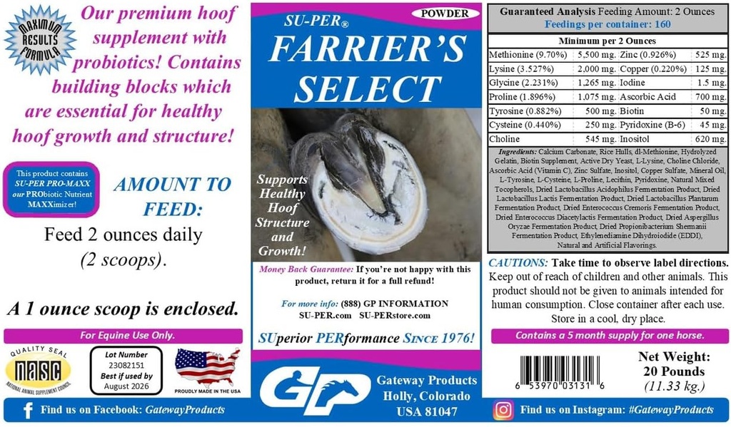 SU-PER Farrier's Select Hoof Supplement - 配有Probiotics的马椒 Hoof护理补充 - 健康 Hoof 生长 - 20英镑,5个月供应量