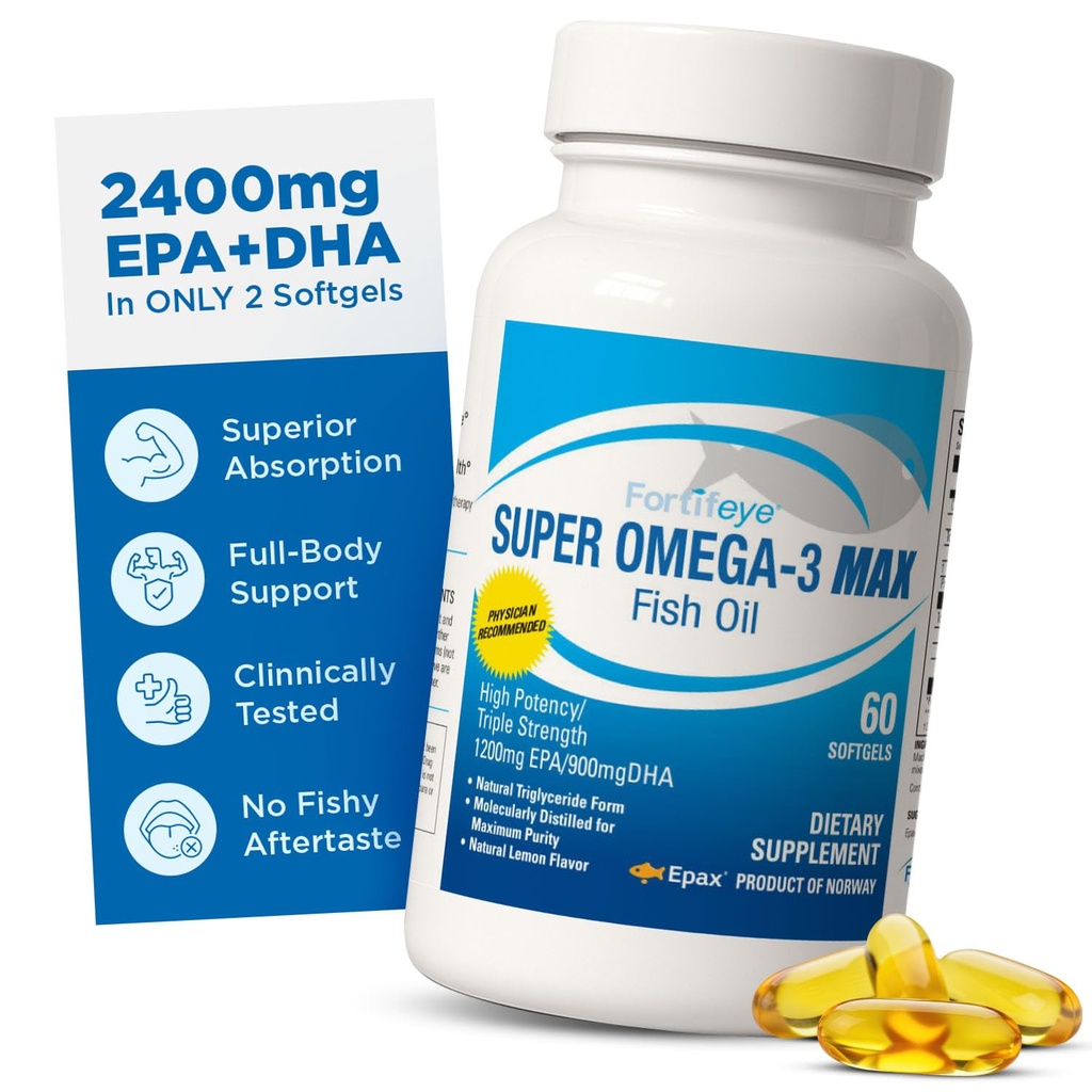 Super Max Omega-3 Fish Oil 2400 mg 在挪威制造的鱼油 - 高潜力鱼油 Omega 3 男女补充品,配有环保局的Triglyceride表和DHA 补充品 No Fishy after Taste Lemon Flavor