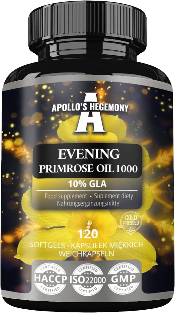 APOLLO的HEGEMONY 晚间 Primrose Oil 1000 mg 配有维生素E - 含100 mg的GLA酸 - 120 软胶卡普苏尔 - 4个月供应 - 支持激素平衡和皮肤健康的饮食补充