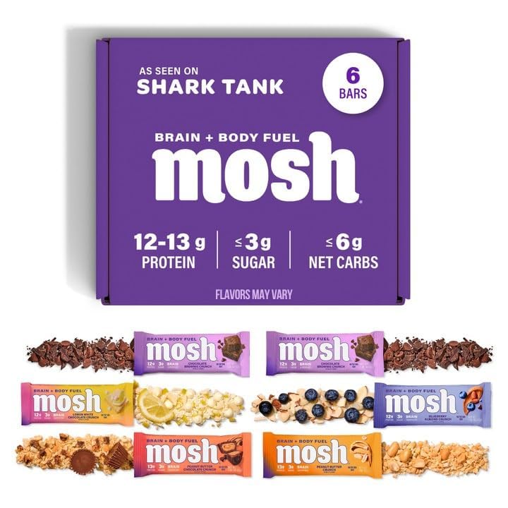 MOSH Variety Pack Keto蛋白棒, 高纤维, 低碳化物, Gluten Free, 高蛋白质, 脑健康 与 Ashwagandha, 狮子马恩, 6 计数