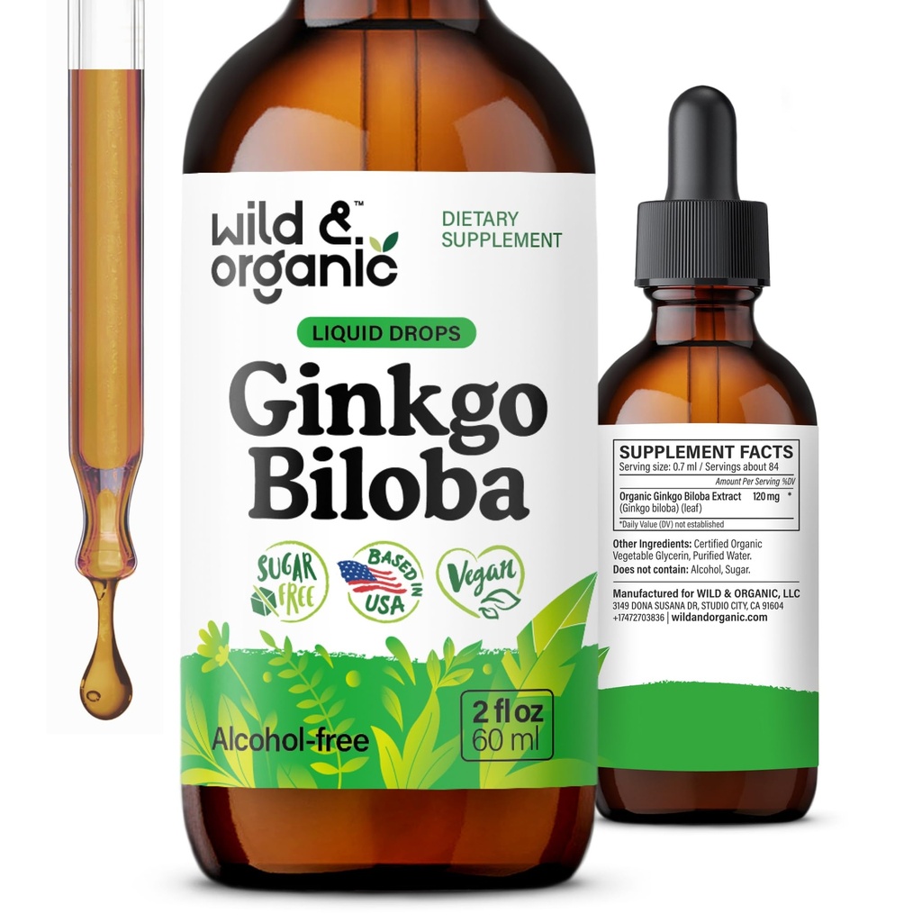 野生和有机Ginkgo Biloba Tincture - 用Ginkgo Leaf补充的大脑和重点支持 - Vegan,糖和无酒精草药提取Tincture - 2 fl oz