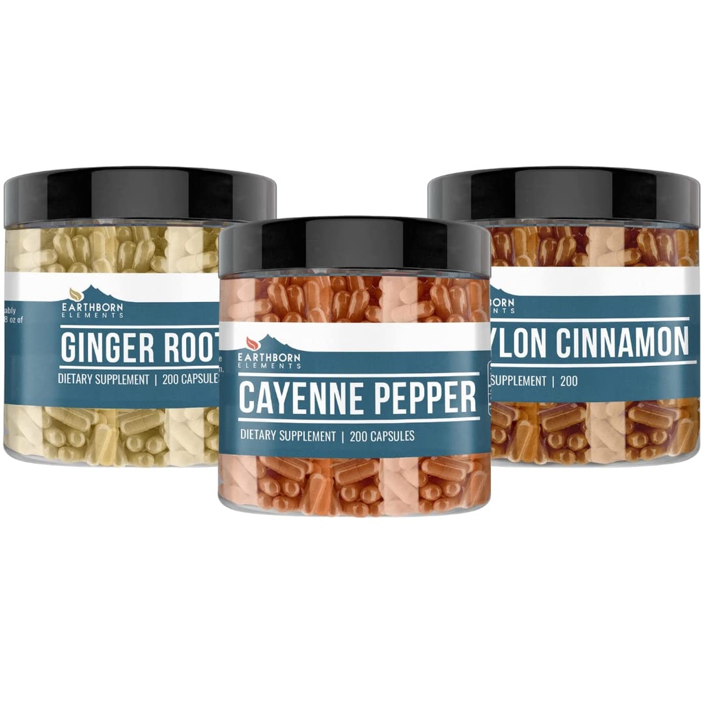 土生元素 Cayenne Pepper, Ceylon Cinnamon 和 Ginger Root Bundle (200 Capsules Each), 纯和未稀释, 无添加剂