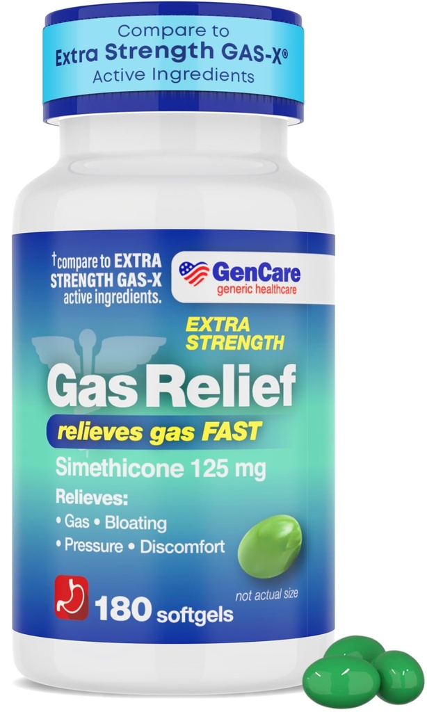 GenCare - 超强气体减压Simethicone 125mg (180 Softgels) 最大强抗气体药丸用于布局减压,压力和不适 - 与通用超强气体X相比