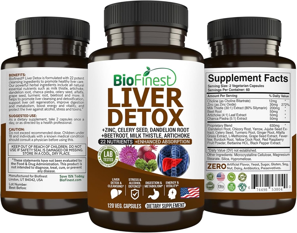 BioFinest Liver Detox 补充剂 - 22 营养剂 牛奶 亚细亚硝酸盐 Celery种子 Chanca Piedra Beet Root Dandelion Turmeric 姜汁 - 酒精清洁能源 代谢(120 Veg. Capsules)