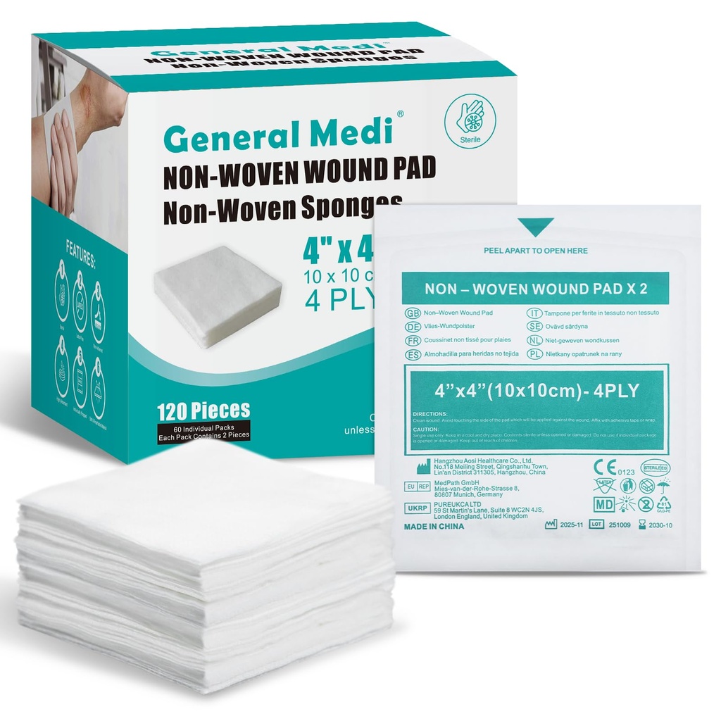 Medi Sterile Gauze Sponges将军, 4"×4"非Woven 伤痕板 - 单独包扎高度缺氧的海绵板用于抚摸小伤痕,切伤和烧伤护理(60包,共计120块)