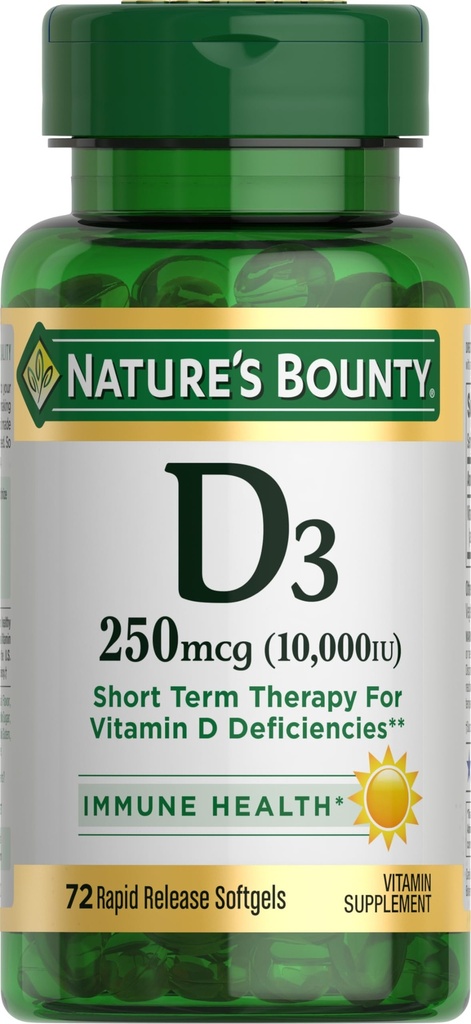 (原始内容存档于2019-09-21) (英语). Nature's Bounty Vitamin D for Imune Support and Productions Halth Bones, 10000IU, Softgels, 多彩色, 10,000IU, 72 Counter (Pack of 1).