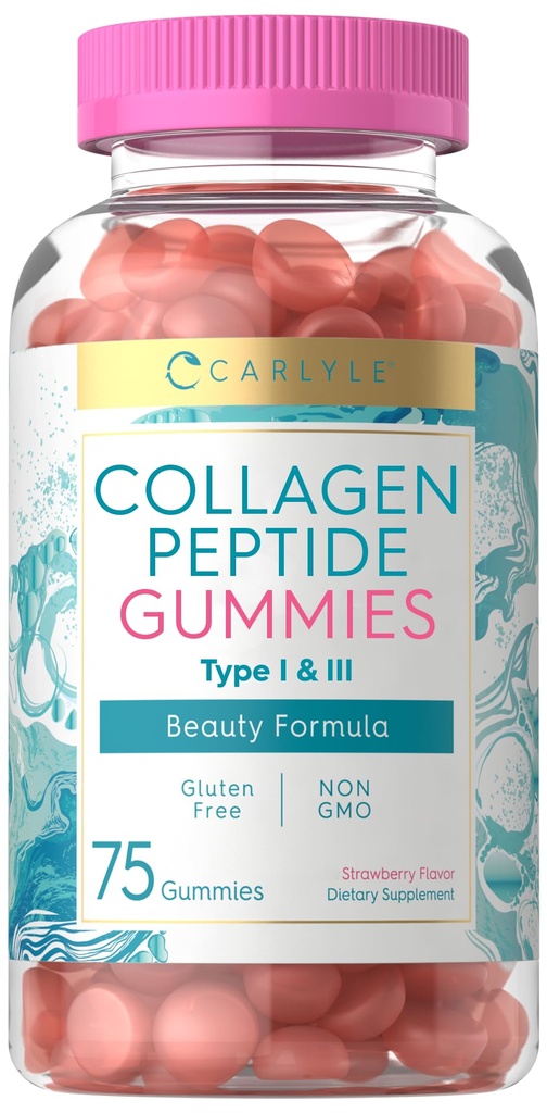 Carlyle Collagen Gummys 草莓火焰美人品补充品 女性和男性水解Collagen Peptides 1型和3型 无GMO, Gluten Free