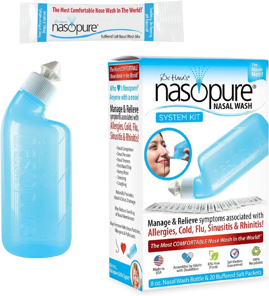 鼻鼻洗,系统套件,“Nicer Neti Pot” Sinus洗手套件,舒适的鼻咽润滑剂 8 Oz瓶和20个盐包(每个3.75克)、鼻吸、冷、流感、过敏、鼻腔灌溉