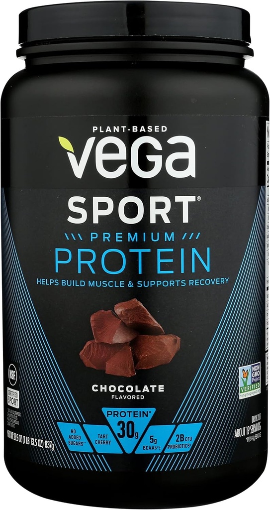 Vega Sport Premium蛋白粉,巧克力,Vegan,30g 植物基蛋白,5g BCAAs,低卡布,无糖,Keto,乳品免费,Gluten Free & N-GMO, Pea Protein for Men, 29.5 Oz