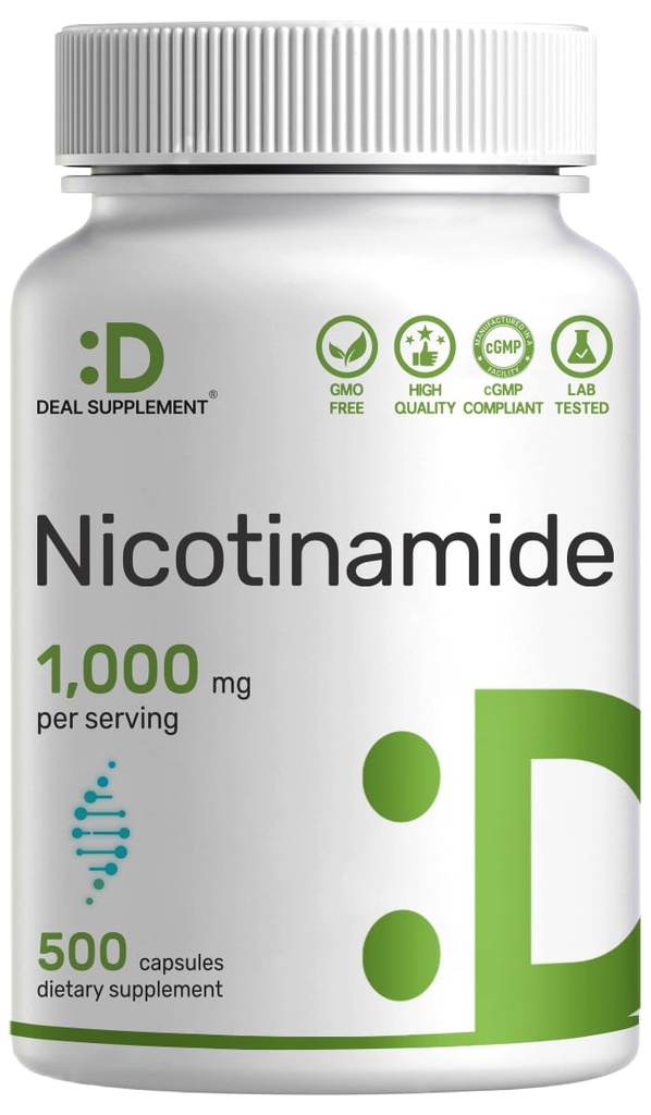 维生素B3 Nicotinamide 1000 mg Pervice – 500 Capsules, Flush Free Niacin, 基本 B3 – 支持健康皮肤和能源生产 – 非GMO