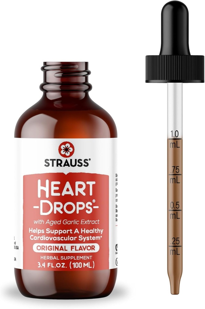 Strauss Naturals Heart Drops – Natural Mistletoe & Agd Garlic 提取心脏健康补充 – 帮助维护健康的心血管系统 – Vegan & Non-GMO – 100 ml瓶