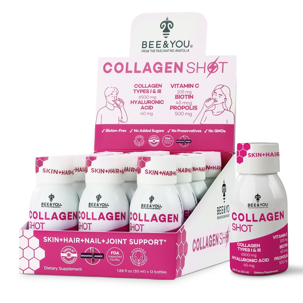 蜜蜂和你Collagen液体饮料 与维生素C、Propolis提取物、Hyaluronic Acid、Biotin、促进皮肤、头发、钉子和联合健康,1.69 f.Oz x 12 Pack