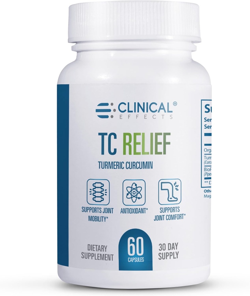 临床效果 TC Relief - Turmeric Curcumin with Bioperine Black Pepper - 舒适和流动联合补充 - 60卡普尔