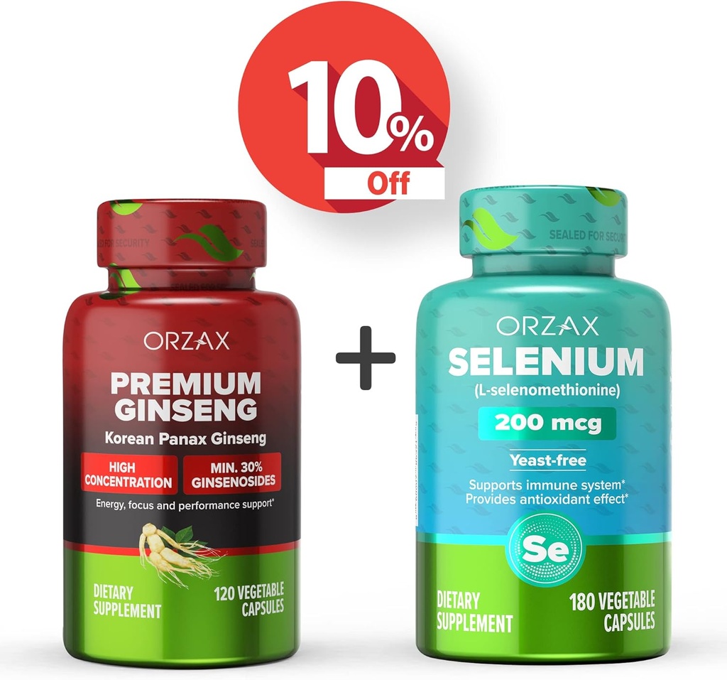 ORZAX Ginseng Premium Ginseng 120 Vegable Capsules和硒 200 Mg 180 Vegable Capsules, Bundle