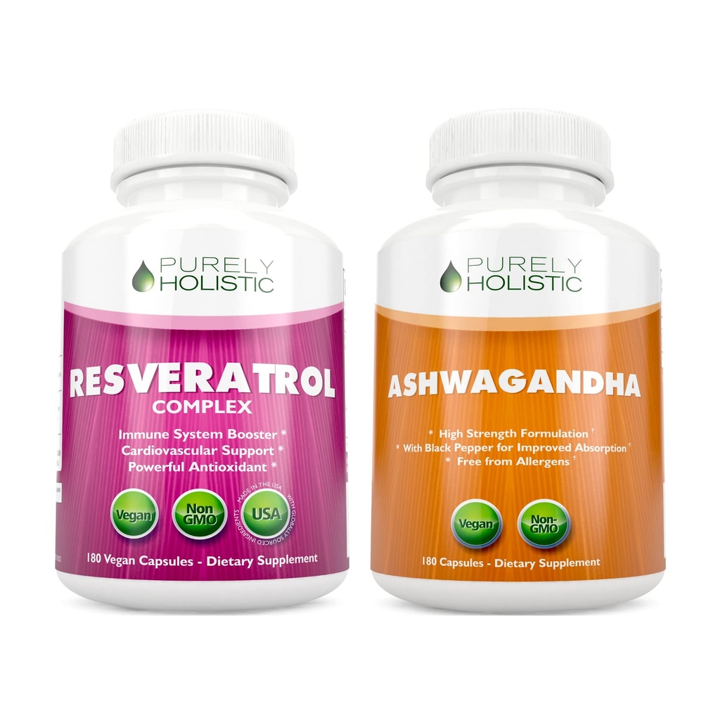 纯Holly Resveratrol 1450mg +有机Ashwagandha 1300mg & Black Pepper - Vegan Bundle - 180 + 180 卡普尔 - 装有强抗氧化剂 - 在美国制造