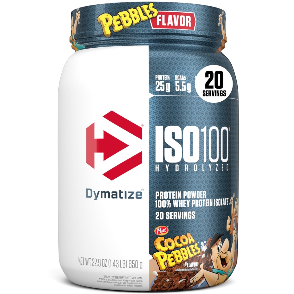 Dymatize x Cocoa Pebbles ISO100 Whey 蛋白质蛋白酸盐, 蛋白质25g, 20 services, 5.5g BCAAs, 120 Cal., Gluten Free, 1g Fat, 1g Sugar, 2g Carb