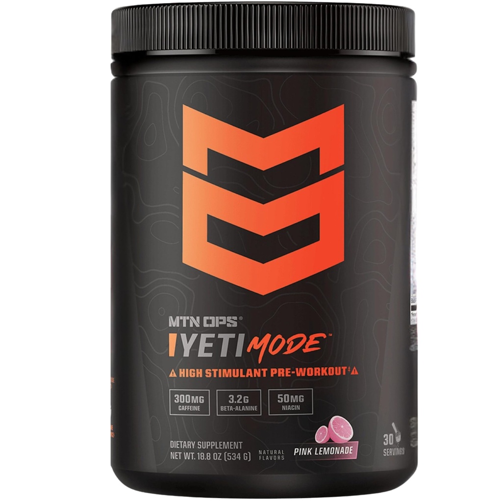 MTN OPS Yeti模式 预研粉 - 高兴奋剂,含300mg咖啡因、Creatine Monohydrate、Beta-Alanine和45mg Niacin - Pink Lemonade Flavor, 装在30架服务Tub