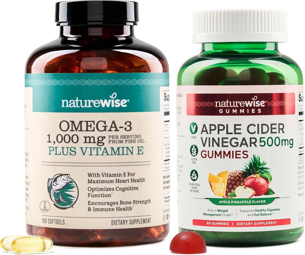 NatureWise Omega-3 鱼油1000mg 配E 180-Count+ Apple Cider Vinegar Gummys 500mg 配B 12,60-Count(Vegan Gummy) – Bundle for Heart, Eye, Digestive Health - Gluten Free, Soy - Feebrue,非GMO(英语:GMO)