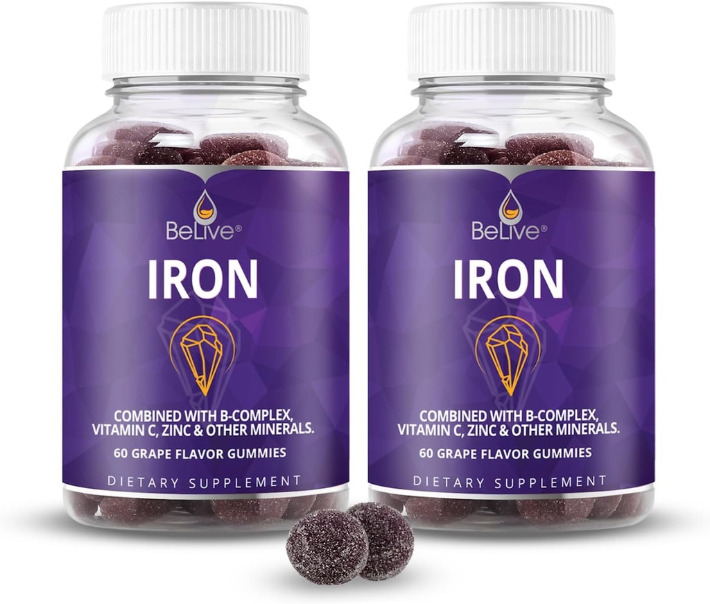 BeLive Iron Gummys - 配有维生素C,A,B & Zinc的多维他命铁辅料,支持血氧,Vegan女性,男性和孩子促进增长和发展的辅料 - Grape Flavor & 2-Pack