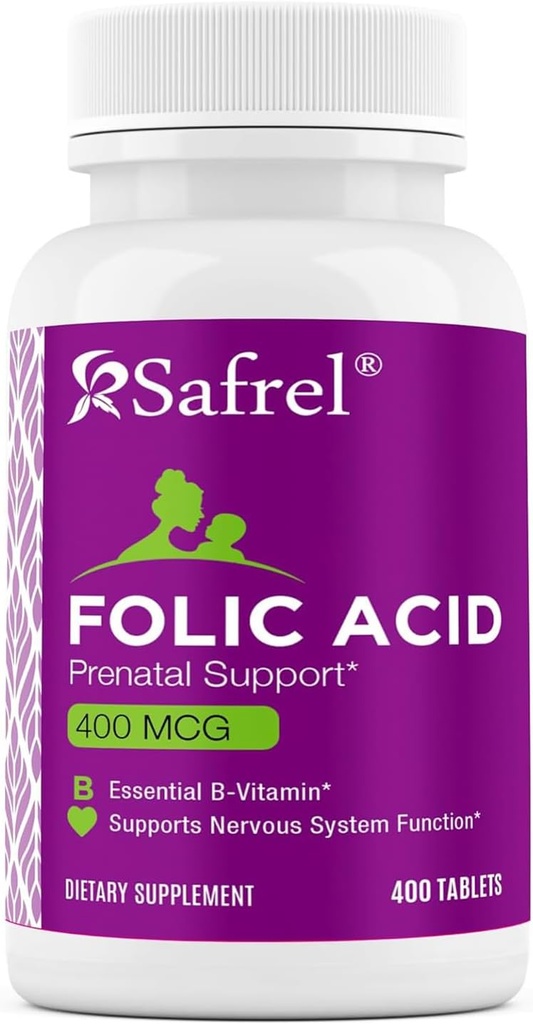 Safrel Folic Acid 400 mcg - 维生素B9-400 片,胎儿发育必需的产前和产后维生素,红血球生产,细胞和神经发育 | Non-GMO, Vegan