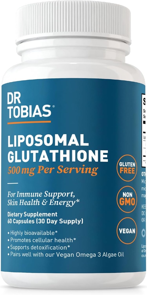 Tobias Liposomal Glutathione博士,每人500毫克 -- -- 高生物利用率的Glutathione补充剂,支持能源、皮肤和免疫健康 -- -- Vegan、Gluten-Free、非GMO、60卡普尔、30名服务者