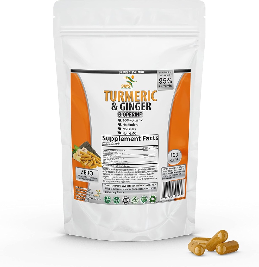 Turmeric Curcumin with Ginger, BioPerine Black Pepper, 95% Curcuminoids, 95% Curcuminoids & Bioperine for Potency & Acception, Tummeric Supplement, 美国制造 - 100 Veggie Capsules