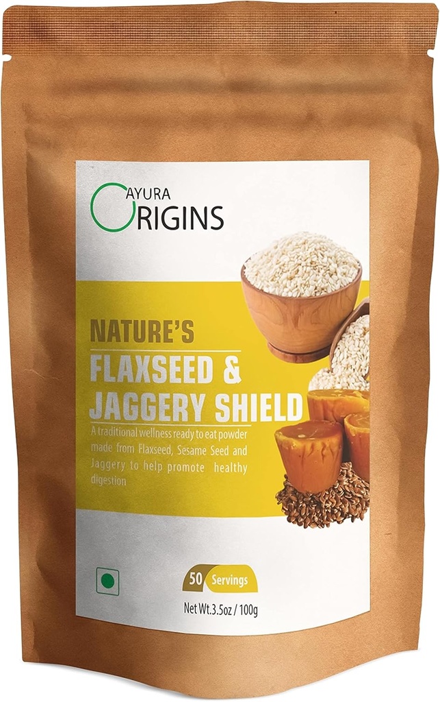 大自然的Flaxseed & Jaggery Shield (3.53 oz - 50 services) - 用于气体救援和IBS控制的植物补充 - 支持古特健康和文摘