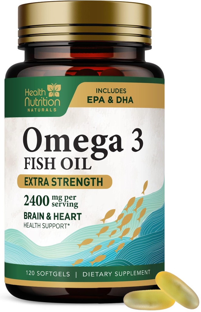 Omega 3 鱼油 2400 mg - 三重强度 Omega-3 补充剂 - 天然脑心健康和免疫支持 - 脂肪酸与EPA & DHA - 野生捕捉纯化鱼油补充剂 - 120 Softgels