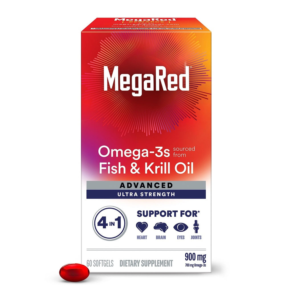 Megared Omega-3 Fish & Krill Oil Supplement 900mg - MegaRed Advance 4in1, 60 软胶, 2x More Omega-3, Heart, Joe, Brain and Eye Supplement, Red, 60 Counter