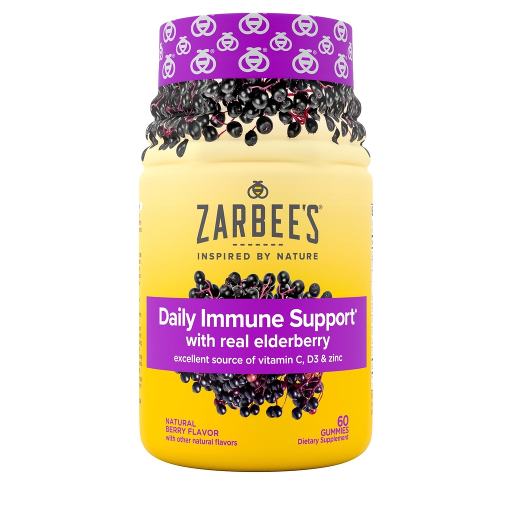 Zarbee的"长莓果酱日报" 配有维生素A C D E & Zinc, 黑色长莓提取, 天然莓花, 蔬菜, Gelatin- Free, 60 Counter