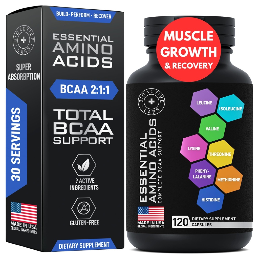 男女基本氨基酸补充剂 -- -- Vegan BCAA 氨基酸复合剂促进肌肉生长,所有9个BCAAs 基本氨基酸 -- -- 高级工作动力与恢复公式 -- -- 120个EAA BCAA药