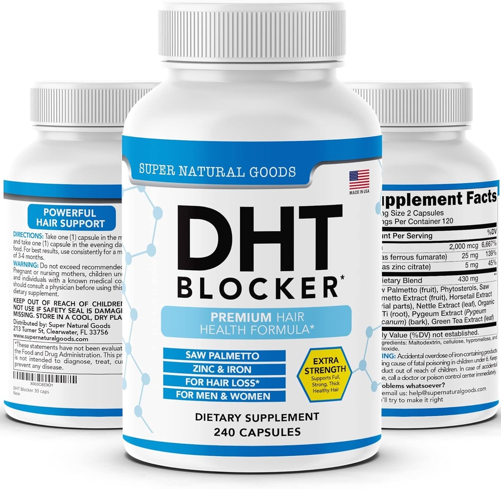 DHT 屏蔽器 - 男女遗传线的毛发生长补充剂 - 帮助毛发丢失和刺激带锯帕梅托的叶片生长,Biotin & Iron - 叶片生长补充剂