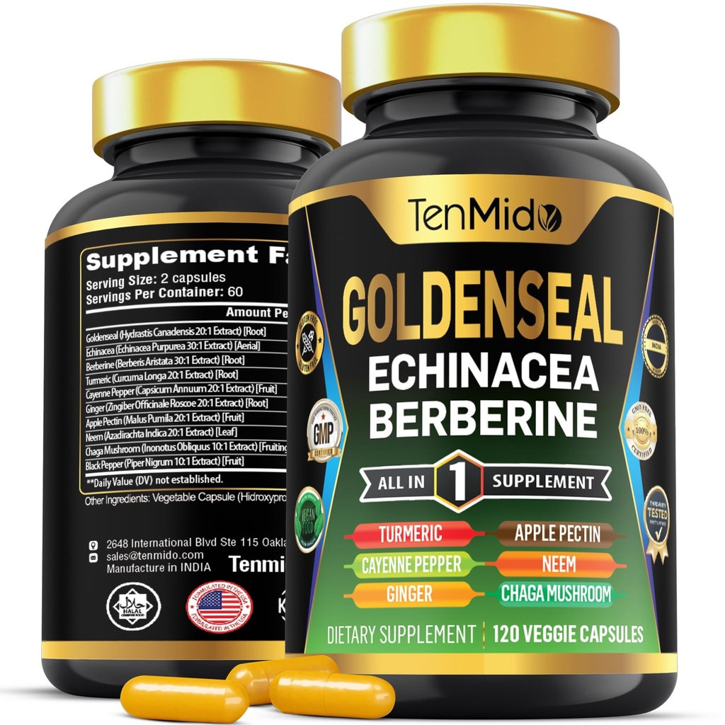 Goldenseal Root 补充 - 10in1 公式 - 与 Echinacea, Berberine, Turmeric, Cayenne Pepper, Ginger, Apple Pectin, Neem, & More - 消化性健康支持 - 120 Capsules
