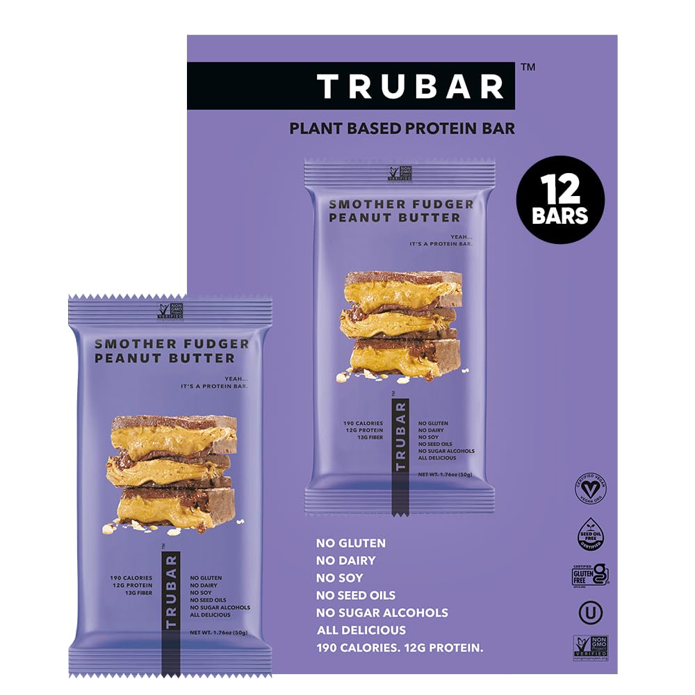 TRUBAR 维根蛋白棒 - 母FUDGER 花生酱,无豆,乳制品,无糖蛋白棒 - 无糖醇 - 非GMO - 12克蛋白 - 12克