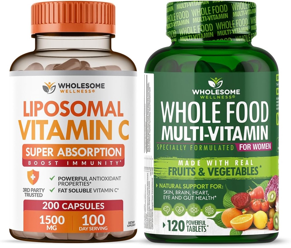 健康 Liposomal 维生素 C 卡普苏莱斯 (200 Pills 1500mg 缓冲) 高吸收 VIT C + 女性全食 多维生素 - 天然多维生素,矿物,有机提取包