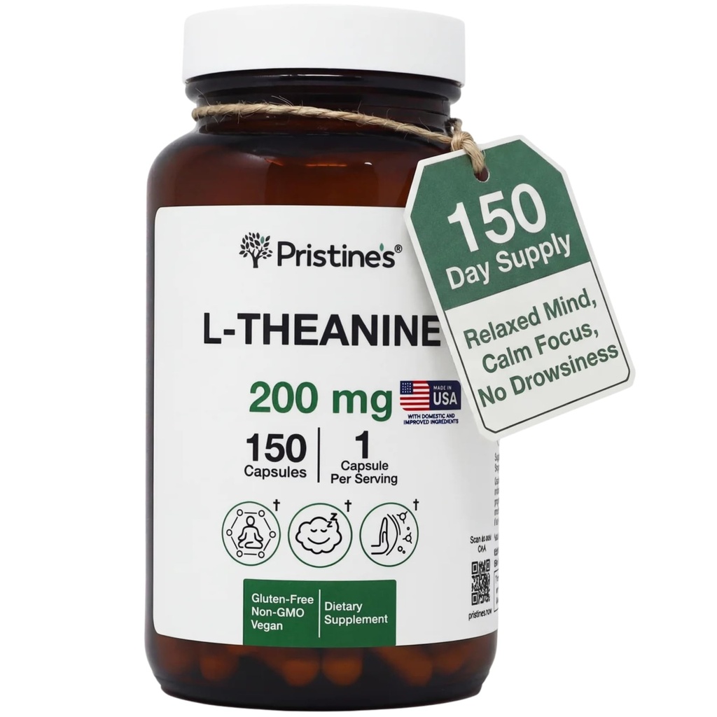 PIRSTINE的L Theanine 200mg 补充卡普尔-第3党测试非转基因-150天供应-放松和睡眠质量支持卡普尔-维冈,cGMP设施与格卢滕免费玻璃瓶