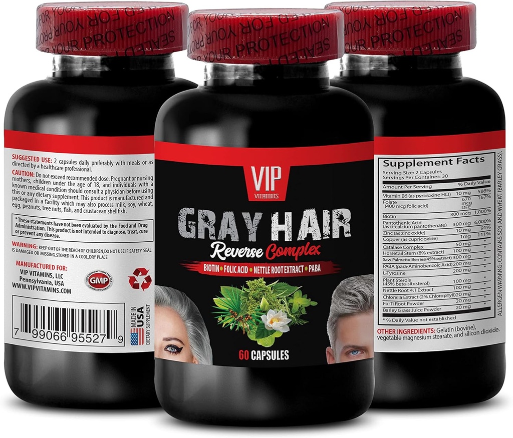 Saw Palmetto Mens Hair - 灰毛反转复合体 - 自然解决方案 - 强效结果 灰毛男人 毛皮和钉子的生物素素 帕巴补充剂 灰毛补充剂 1瓶60盖