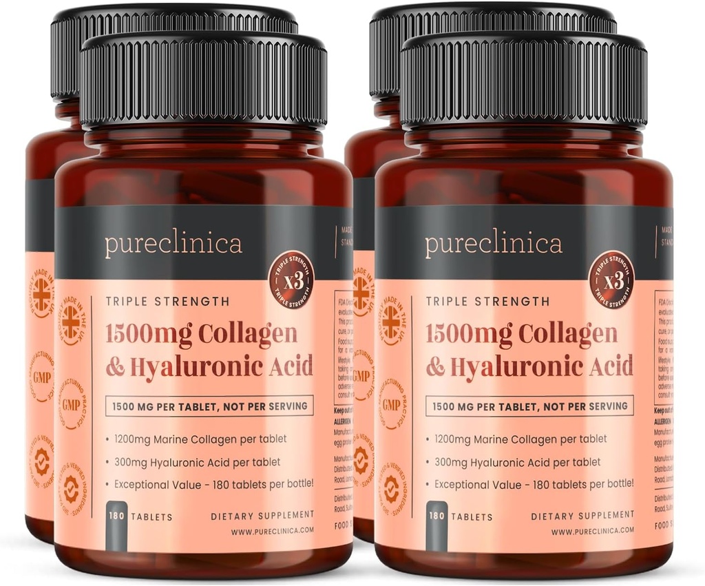 pureclinica 三重强度 海洋Collagen & Hyaluronic Acid – 每块1500mg → 720 片 (4瓶180) → 支持皮肤,关节和水分