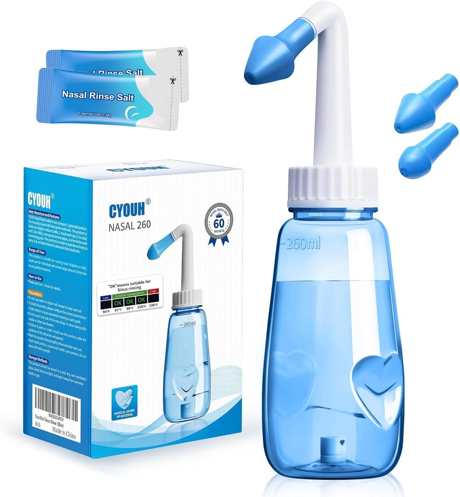 Neti Pot Sinus Rinse瓶 260 ML,配有60个鼻水洗盐包和粘贴温度计 鼻水洗净压力 鼻水洗净剂 成人和孩子 BPA(蓝色)
