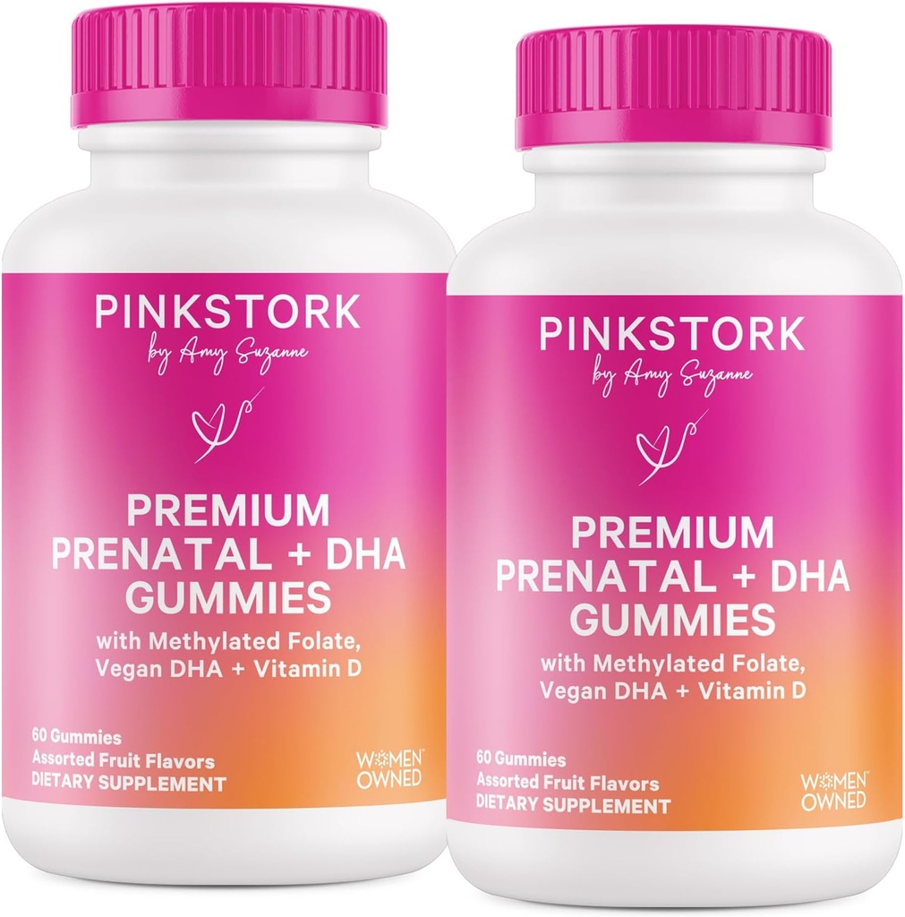 配有DHA、福拉特和维生素D的Pink Stork Premium 产前Gummy 维生素 - 60 Vegan Gummys - 2 Pack