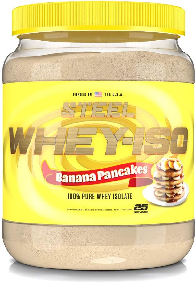 钢铁补品 Whey-Iso → Whey 孤立蛋白粉 → 快吸附 → Lean Muscle Growth → Easy Digestion → Gluten Free → Low Carb → 25 service (Bana Pancakes).