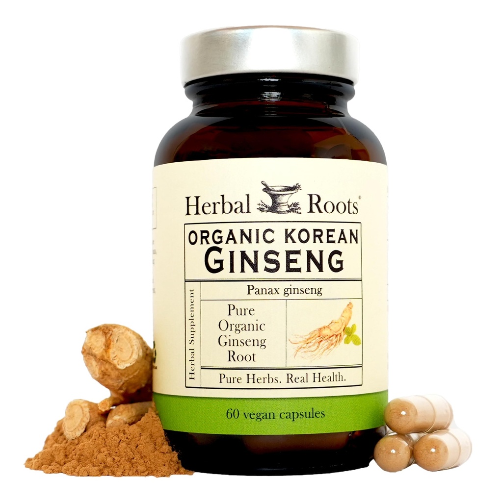 Panax Ginseng 草根根 有机韩国 Ginseng 根粉 1000mg 高级 Ginsenosides 能源与性能 60 Vegan Capsules