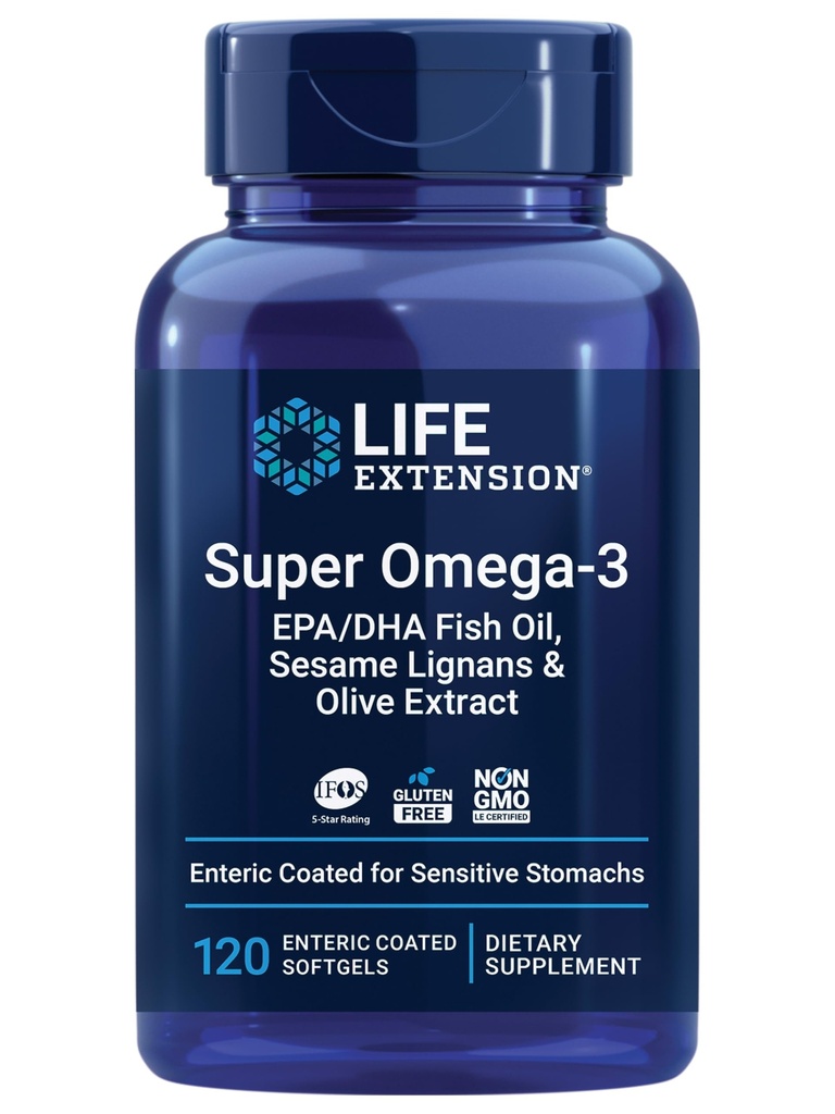 生命延伸 Super Omega-3 EPA/DHA 鱼油,芝麻丽根和橄榄提取 – 心脏健康,脑健康,炎症健康支持,无葡萄糖,肠内凝胶,非GMO,120软胶