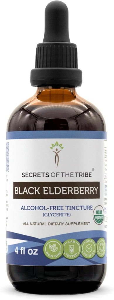 部落黑老莓无酒精小叮当(甘油)的秘密 680 mg USDA 有机黑老莓(桑布克斯·尼格拉) 干贝里(4 Fl Oz) 免疫支持补充品