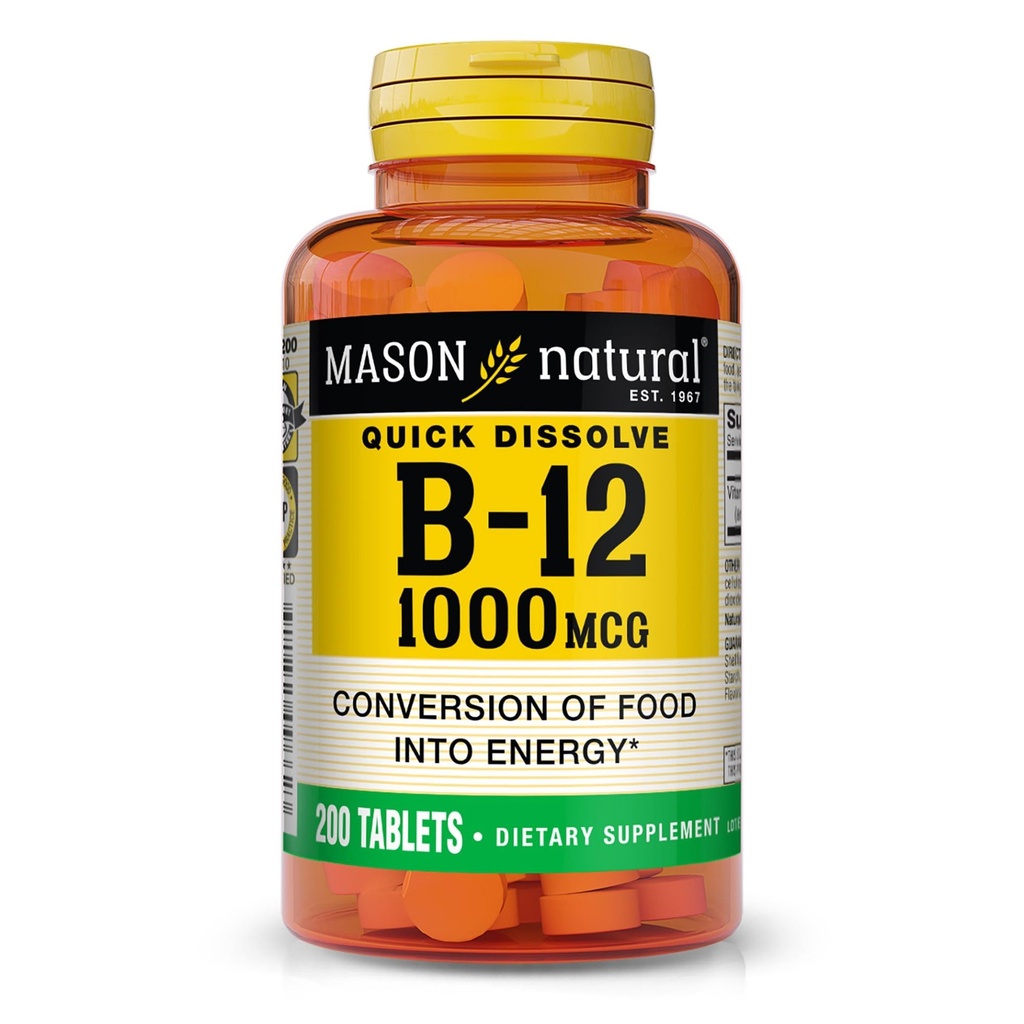 MASON NATURAL B12 1000 mcg 快速溶解片,用于将食物健康转化为能源,200天供应