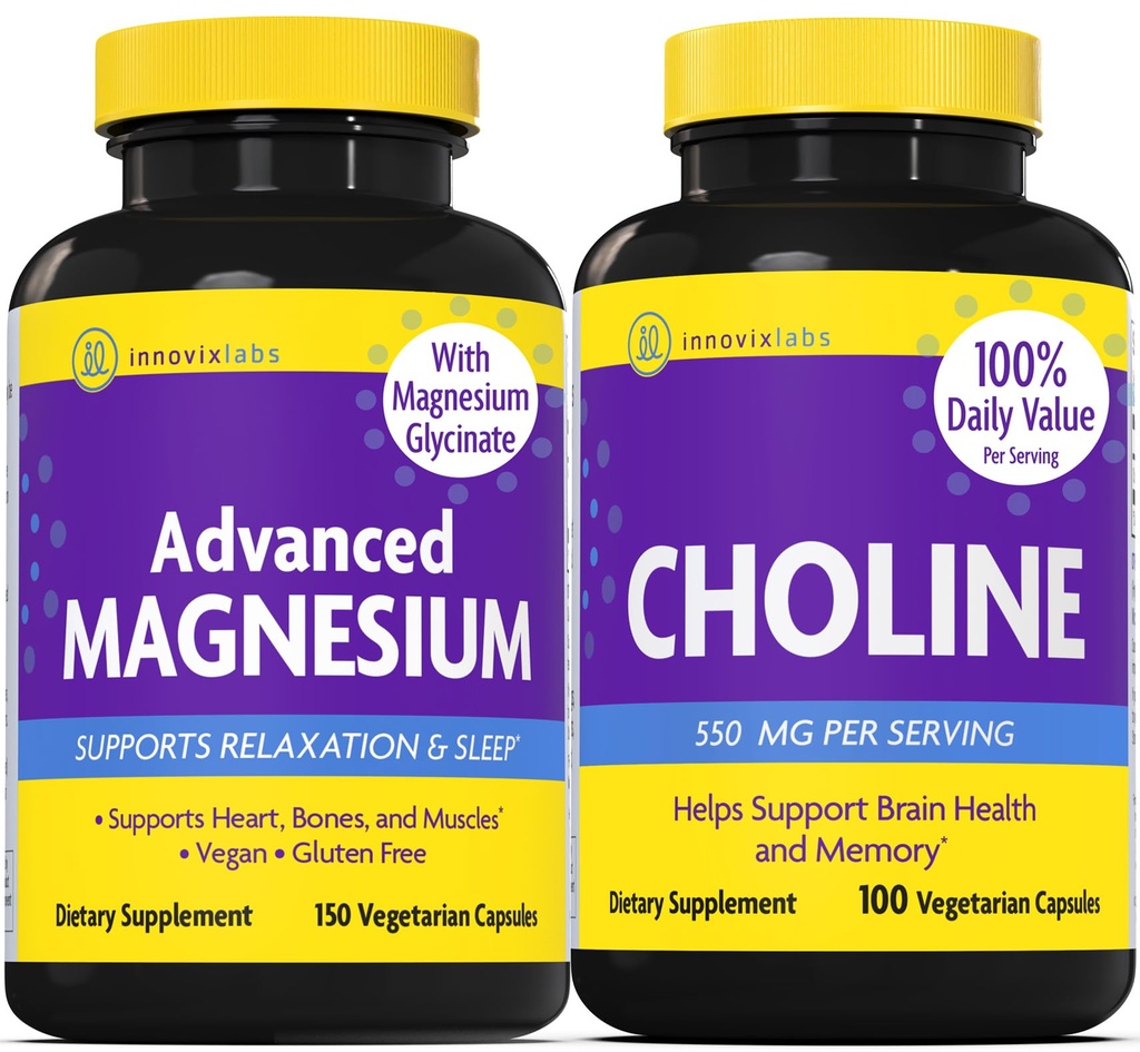 InnovixLabs Choline & Magnesium Bundle Choline Bitartrate 550mg (100 Capsules) 高级镁 (150 Capsules). 支持记忆,摩德,脑健康与增强认知. *