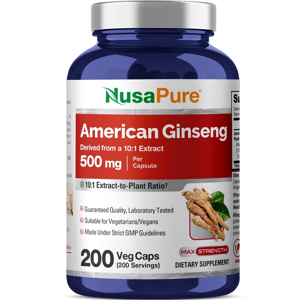 NusaPure American Ginseng 10:1 提取物,500 mg等效于5000mg - 200 Veggie Capsules (Vegetarian, Non-GMO, Vegan)