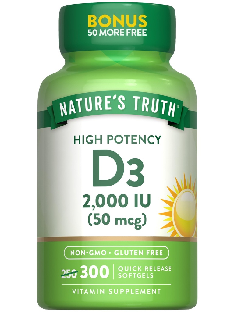大自然的真理维生素D3 2000 IU → 300 Softgels → 高概率公式 → Non-GMO & Gluten 免费补充