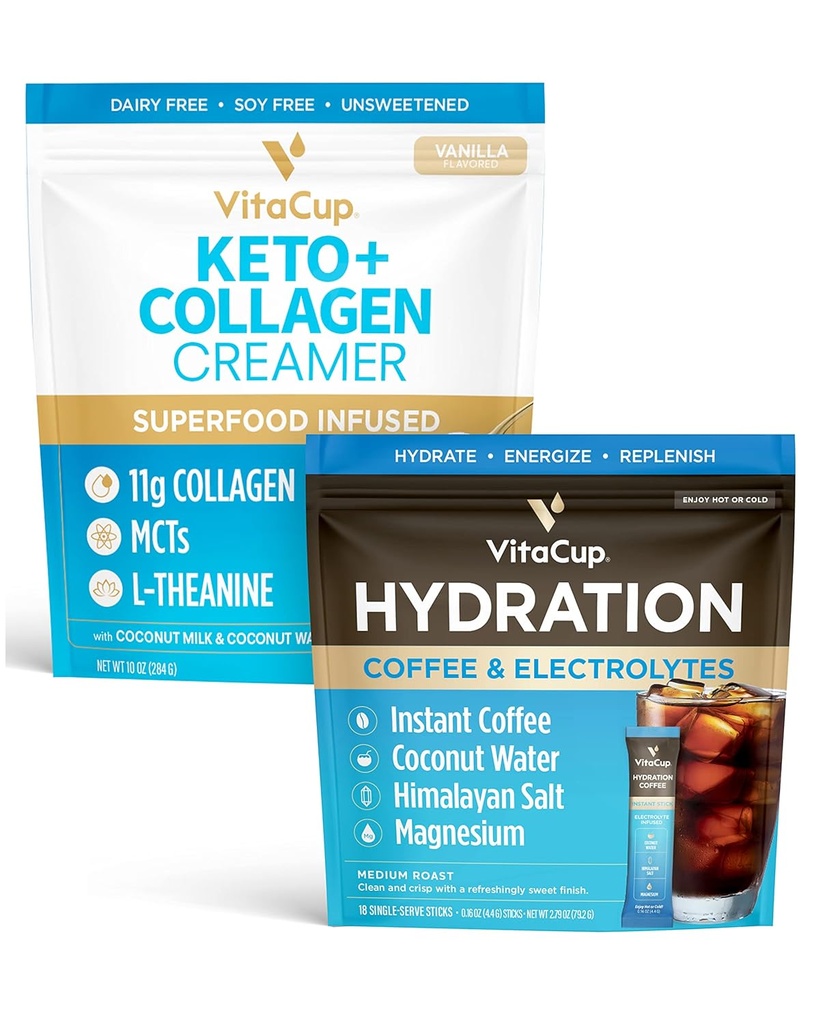 VitaCup 水分即时咖啡棒w/电解质,椰水,中度炉18cm & Keto + Collagen Vanilla 咖啡奶油/超级食品和MCTs,10 oz