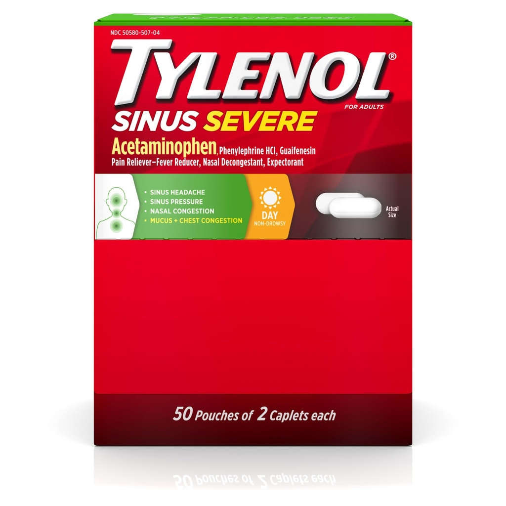 Tylenol Sinus 严重日间卡片,配有 Acetaminophen 325mg, Guaifensin 200mg & Phenylephrine HCl 5mg, 非昏睡疼痛救生剂, 期望剂和鼻腔解毒剂, 50 个旅行包, 2 厘米